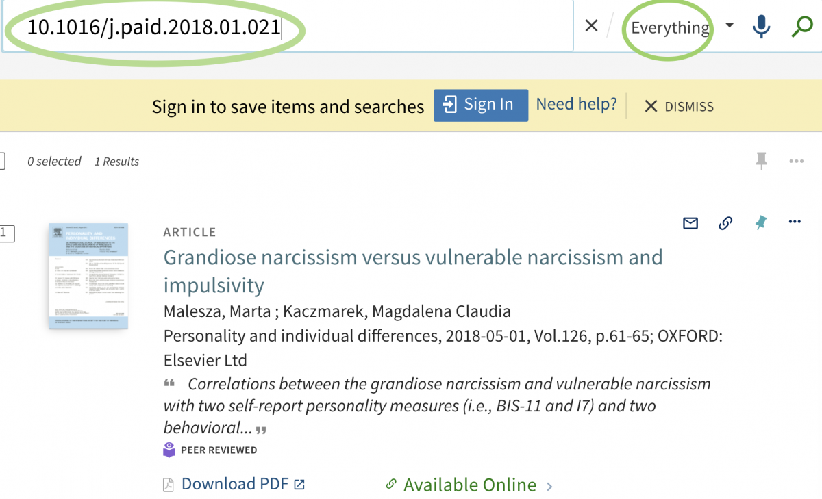 screenshot of librarysearch article DOI search