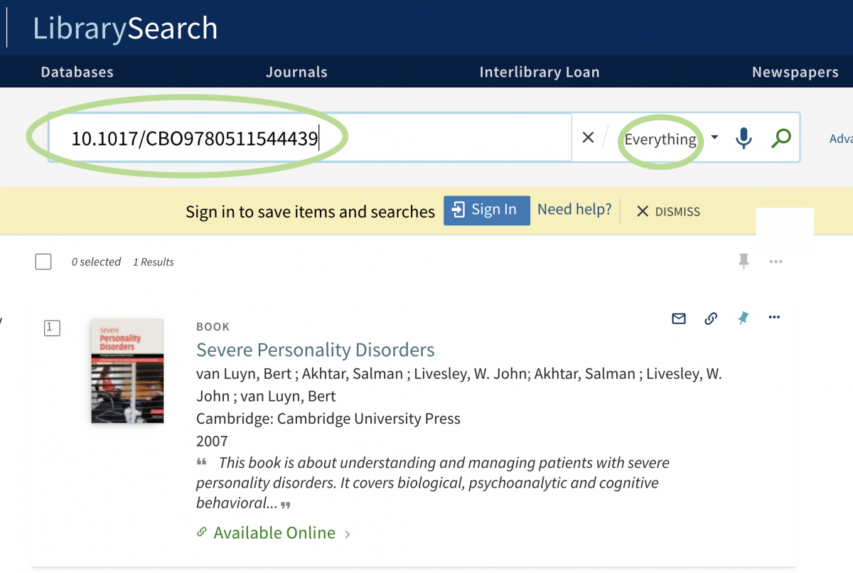 screenshot of librarysearch ebook DOI search