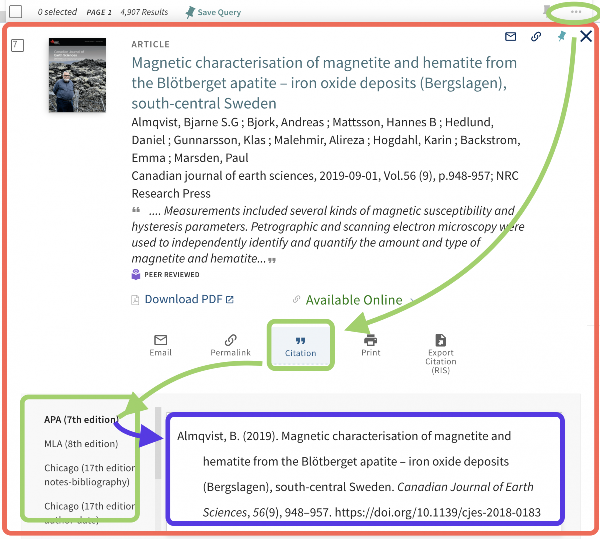 a screen capture showing the citation generating feature of LibrarySearch