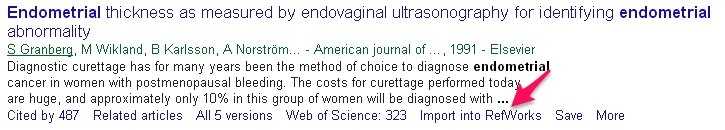 screenshot of google shcolar result with RefWorks import link showing