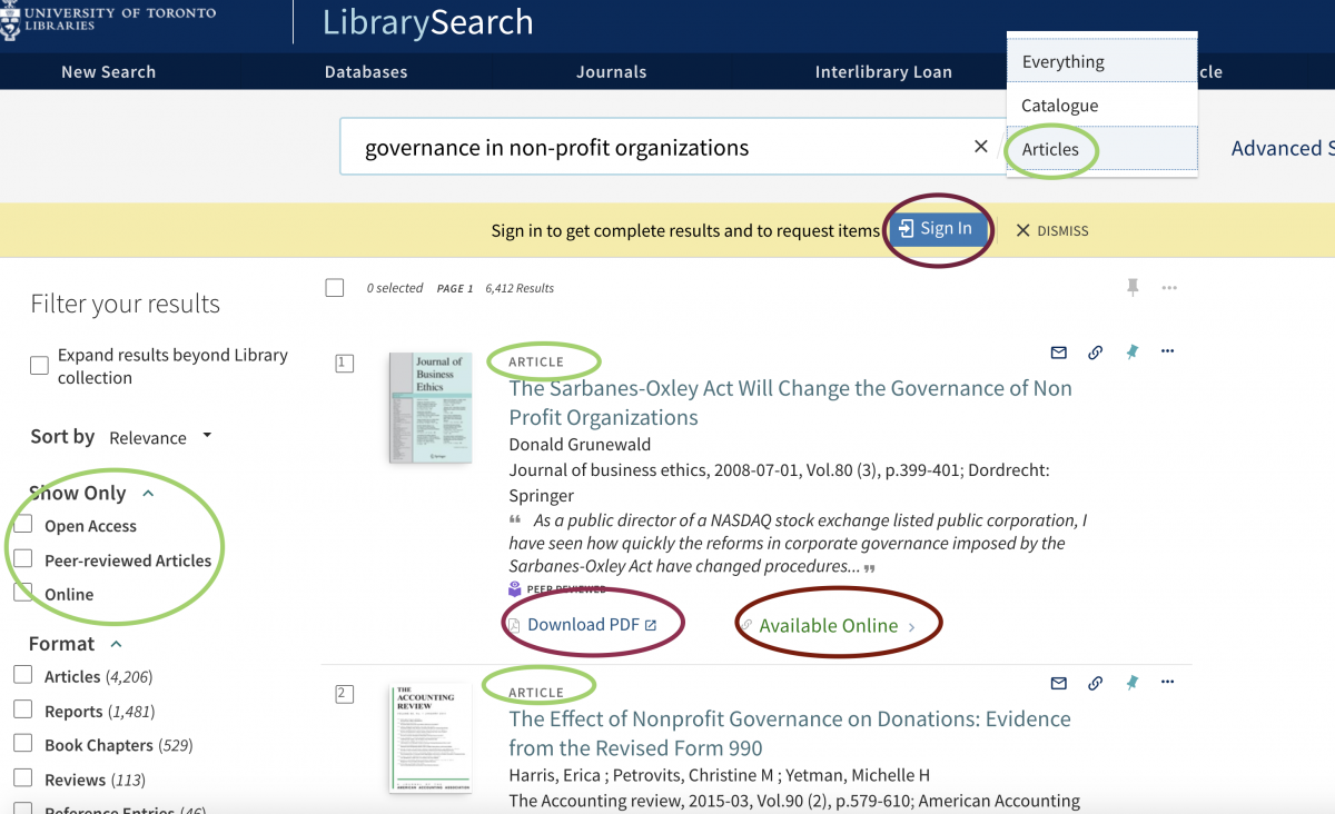 screenshot of a search for articles, showing the search results