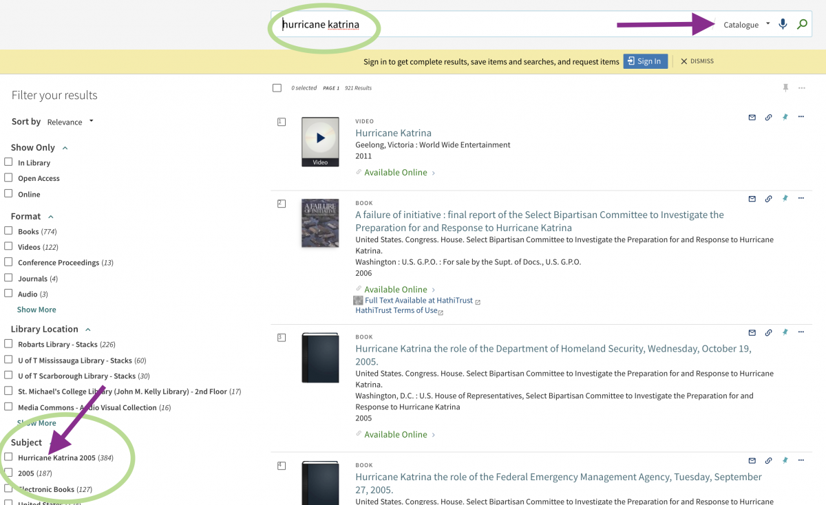 arrow pointing to subject headings on left side of the page