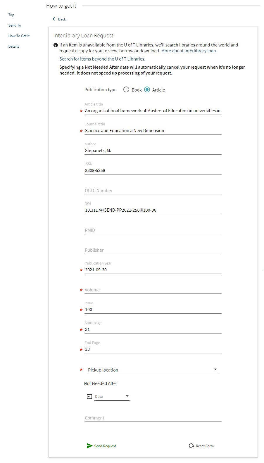 screenshot of a filled in request form