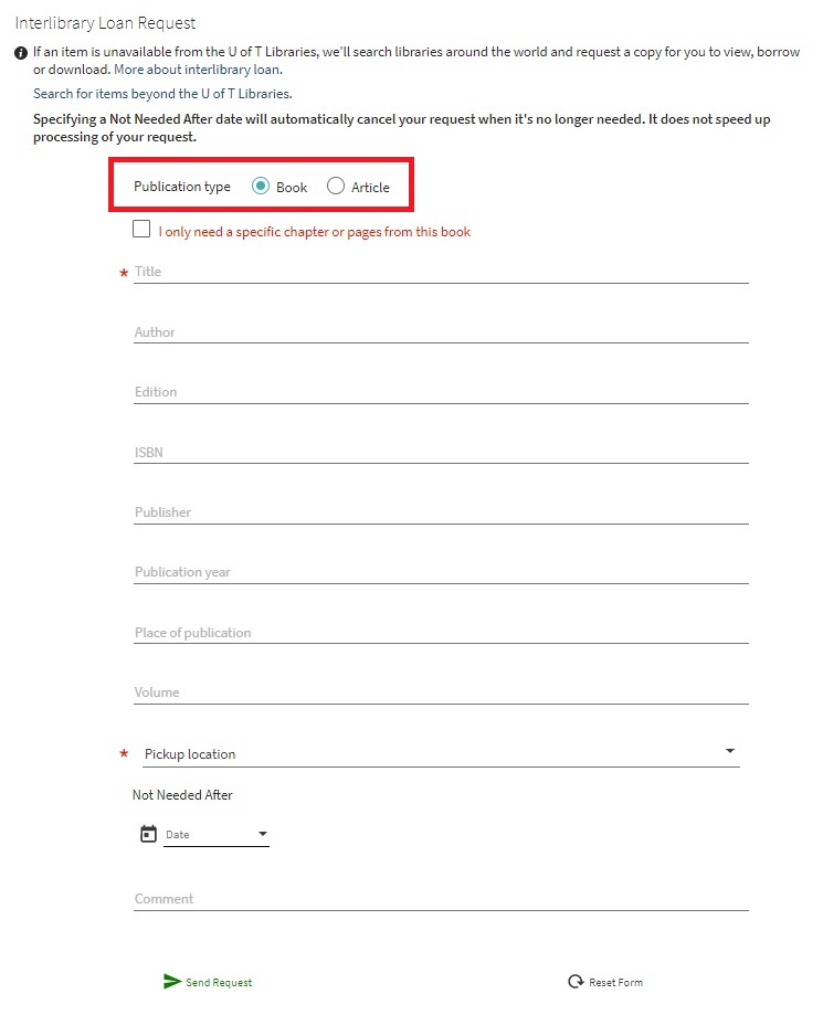 Blank interlibrary loan request form with Book selected in the publication type field