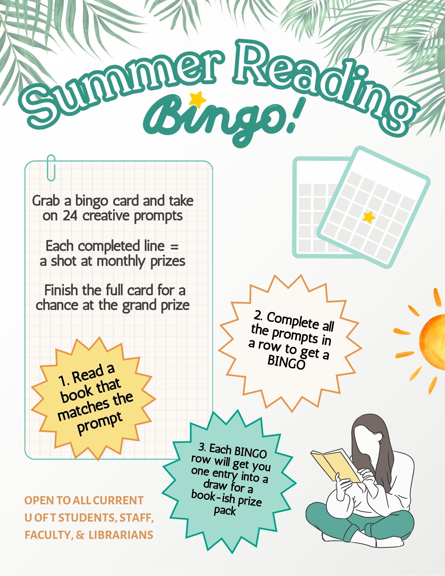 Poster of the summer Reading Bongo project. Outlines project details and has image of woman reading with palm trees and tropical plants