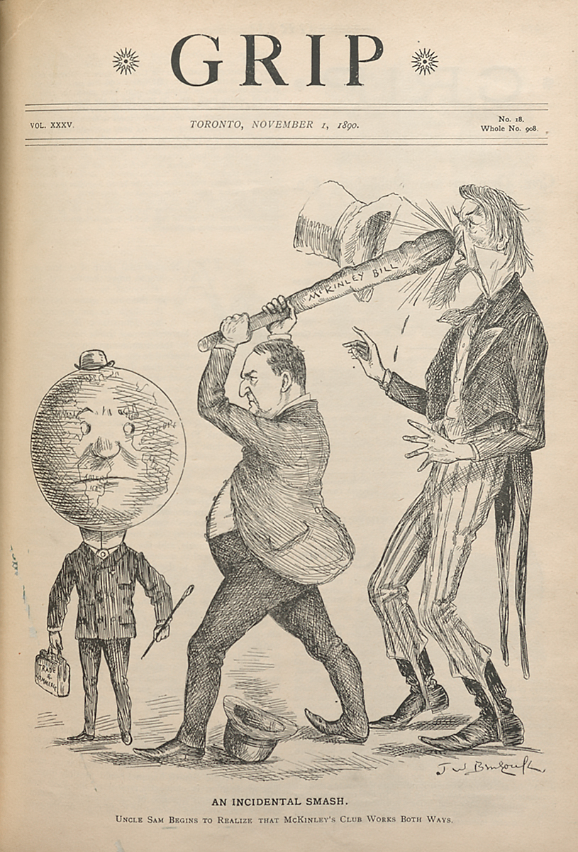 In a political cartoon, a man raises a bat with the words McKinley Bill written on it, about to smash the head of a man with a globe for a head.