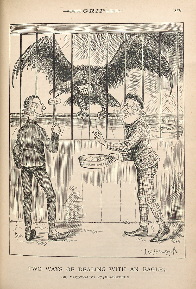 In a political cartoon, former Canadian prime minister John A. Macdonald taunts an American bald eagle in a cage.