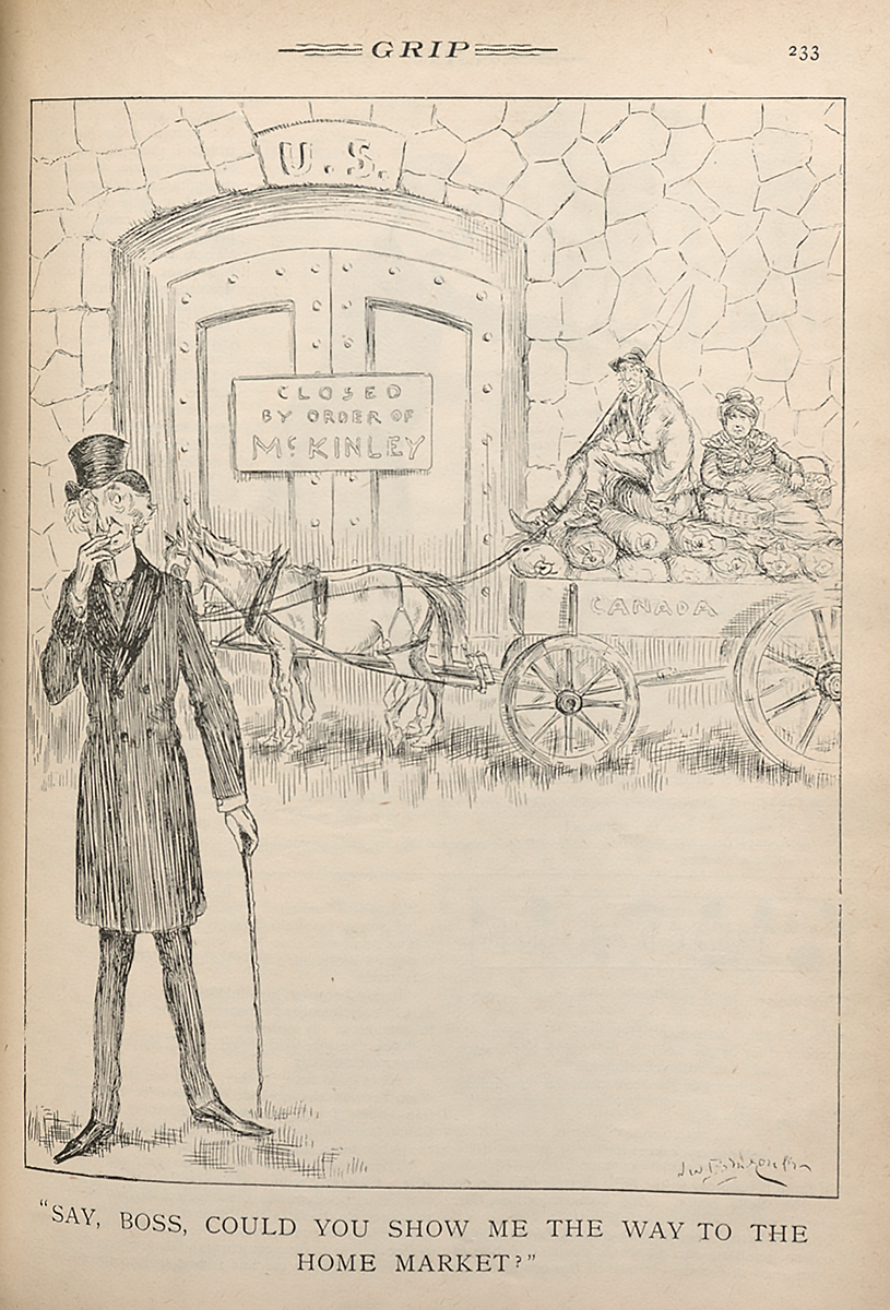 In a political cartoon style, a horse and buggy with a man and a woman sitting on a pile of logs sit outside a walled gate to the U.S. The words "McKinley" are on the door.