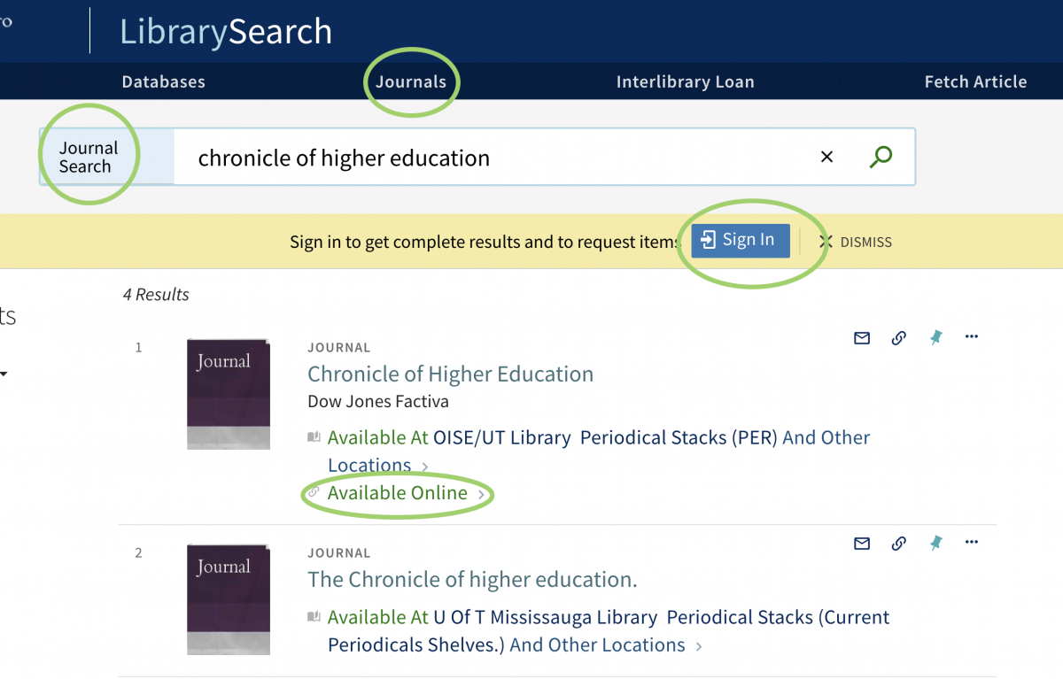 screen capture showing a search by title for 'chronicle of higher education'
