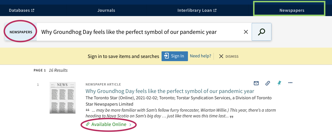 image of a search for a newspaper article 