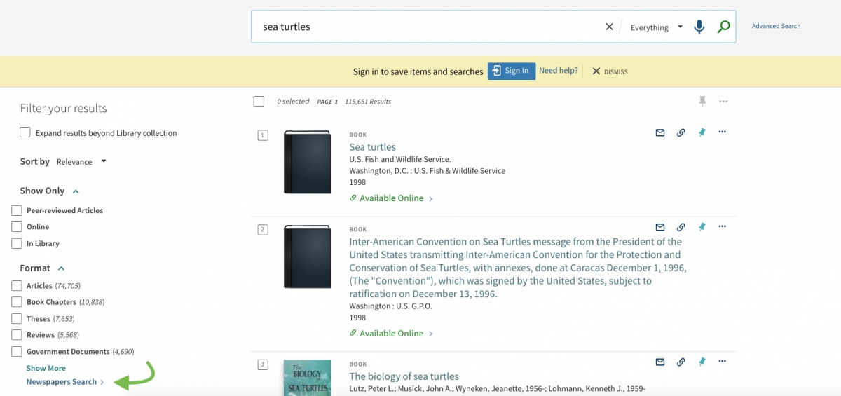 image with arrow pointing to newspapers search filter 