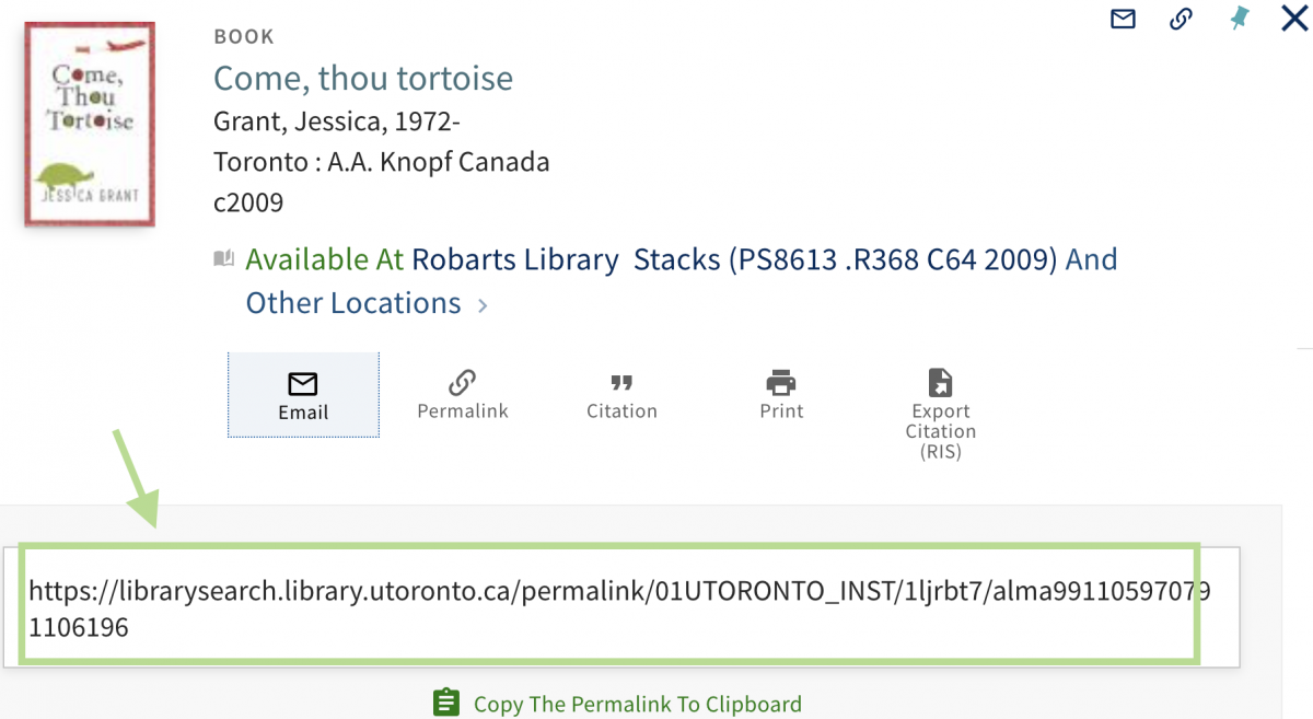 screen capture of a book record showing the permanent link