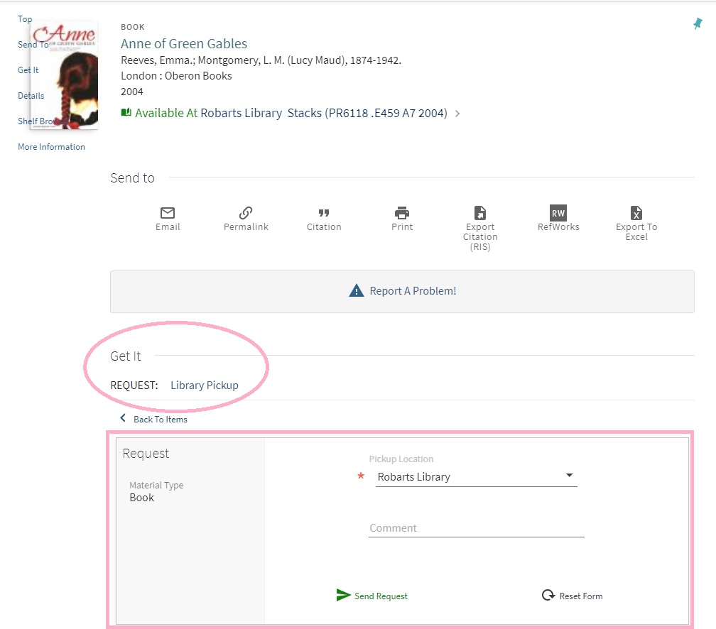 Library Pickup link and Send Request button circled