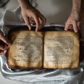A medieval manuscript lies open and unwrapped on a table