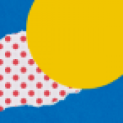 Blue background with an amorphous white blob and red dots, and a yellow circle.