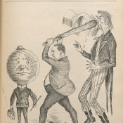 In a historic political cartoon, a man wields a giant club reading McKinley on a man with a globe for a head.