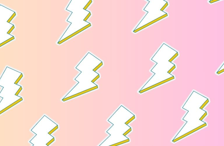 White cartoon lightning bolts in a repeating pattern on a yellow to pink gradient background.