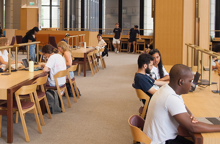 Students studying at long tables, some independently and some together, in daylight.